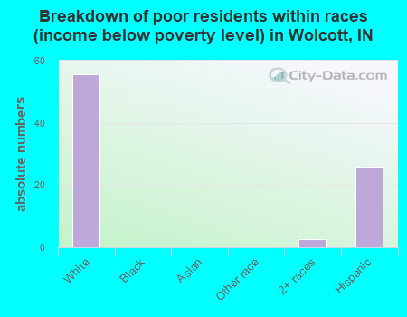 Breakdown of poor residents within races (income below poverty level) in Wolcott, IN