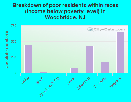 Breakdown of poor residents within races (income below poverty level) in Woodbridge, NJ