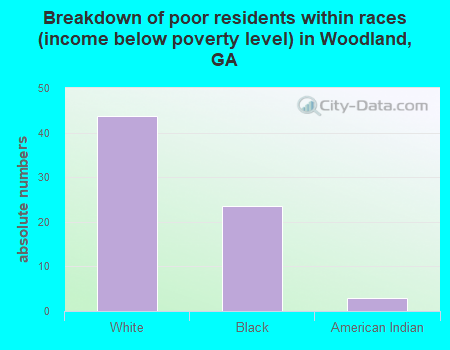 Breakdown of poor residents within races (income below poverty level) in Woodland, GA