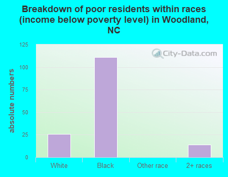 Breakdown of poor residents within races (income below poverty level) in Woodland, NC