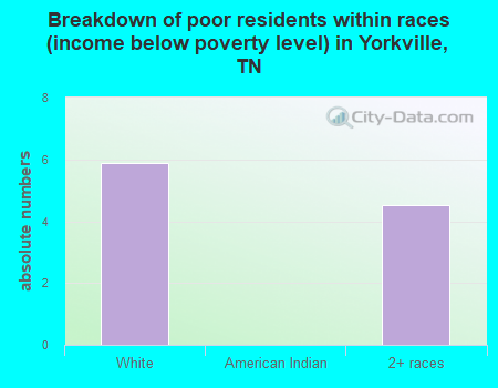 Breakdown of poor residents within races (income below poverty level) in Yorkville, TN