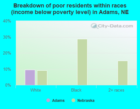 Breakdown of poor residents within races (income below poverty level) in Adams, NE