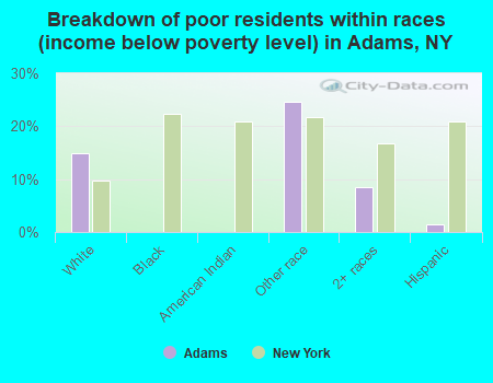 Breakdown of poor residents within races (income below poverty level) in Adams, NY