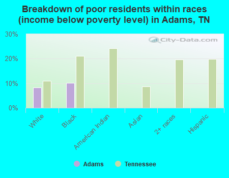 Breakdown of poor residents within races (income below poverty level) in Adams, TN