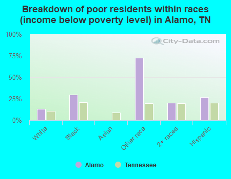 Breakdown of poor residents within races (income below poverty level) in Alamo, TN