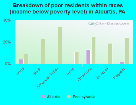 Breakdown of poor residents within races (income below poverty level) in Alburtis, PA