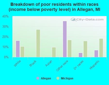 Breakdown of poor residents within races (income below poverty level) in Allegan, MI