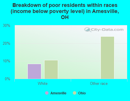 Breakdown of poor residents within races (income below poverty level) in Amesville, OH