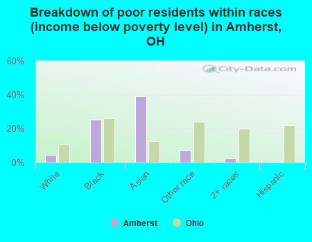 Breakdown of poor residents within races (income below poverty level) in Amherst, OH