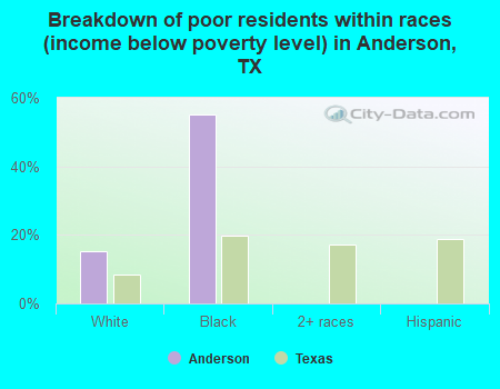 Breakdown of poor residents within races (income below poverty level) in Anderson, TX