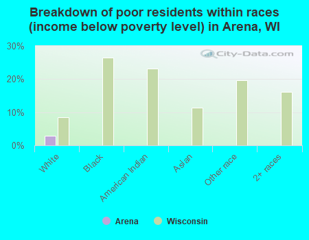 Breakdown of poor residents within races (income below poverty level) in Arena, WI