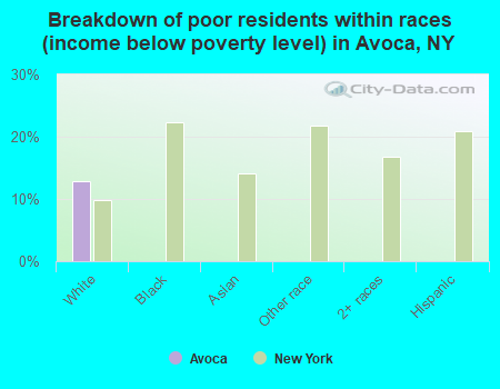 Breakdown of poor residents within races (income below poverty level) in Avoca, NY