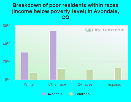 Breakdown of poor residents within races (income below poverty level) in Avondale, CO