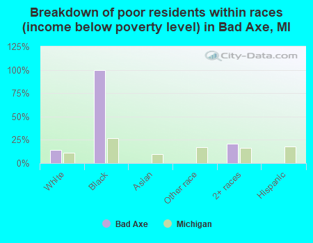 Breakdown of poor residents within races (income below poverty level) in Bad Axe, MI