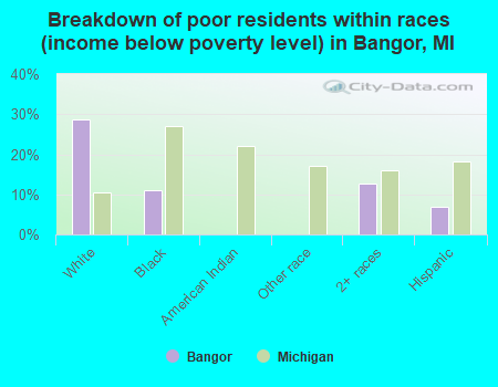 Breakdown of poor residents within races (income below poverty level) in Bangor, MI