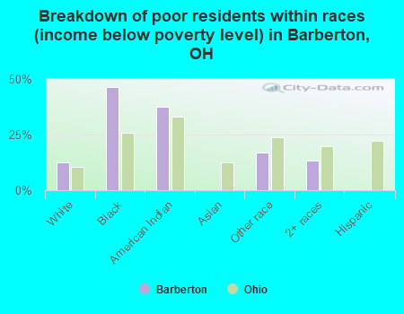 Breakdown of poor residents within races (income below poverty level) in Barberton, OH