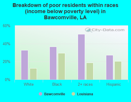 Breakdown of poor residents within races (income below poverty level) in Bawcomville, LA