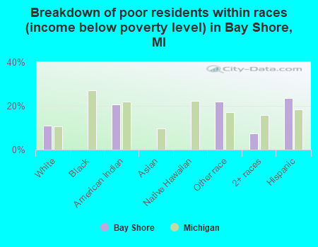 Breakdown of poor residents within races (income below poverty level) in Bay Shore, MI
