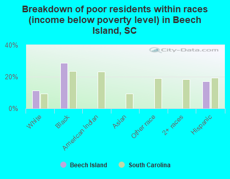 Breakdown of poor residents within races (income below poverty level) in Beech Island, SC