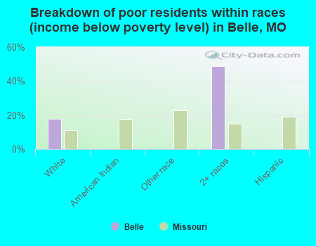 Breakdown of poor residents within races (income below poverty level) in Belle, MO