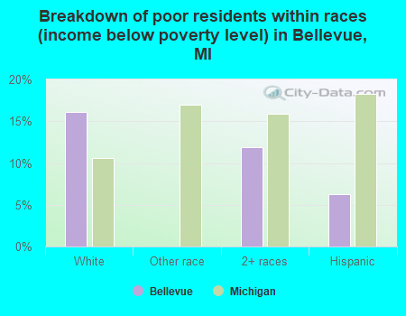 Breakdown of poor residents within races (income below poverty level) in Bellevue, MI