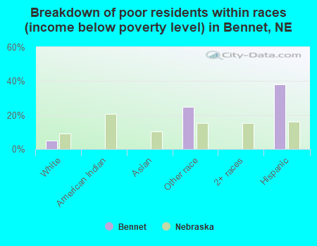 Breakdown of poor residents within races (income below poverty level) in Bennet, NE