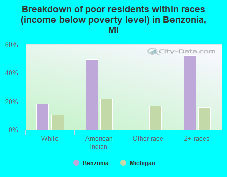 Breakdown of poor residents within races (income below poverty level) in Benzonia, MI