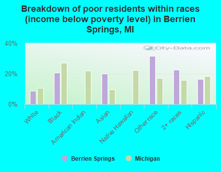 Breakdown of poor residents within races (income below poverty level) in Berrien Springs, MI