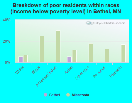 Breakdown of poor residents within races (income below poverty level) in Bethel, MN
