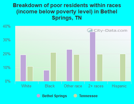 Breakdown of poor residents within races (income below poverty level) in Bethel Springs, TN