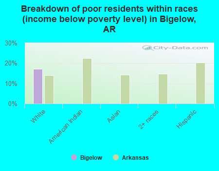 Breakdown of poor residents within races (income below poverty level) in Bigelow, AR