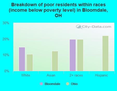 Breakdown of poor residents within races (income below poverty level) in Bloomdale, OH