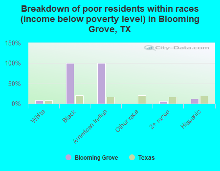 Breakdown of poor residents within races (income below poverty level) in Blooming Grove, TX