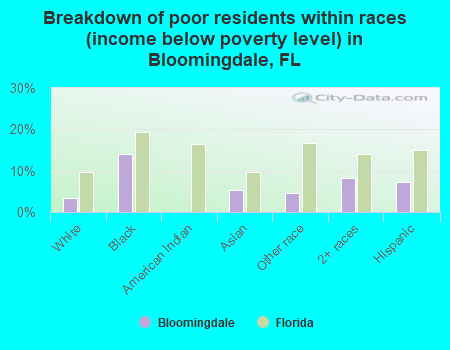 Breakdown of poor residents within races (income below poverty level) in Bloomingdale, FL