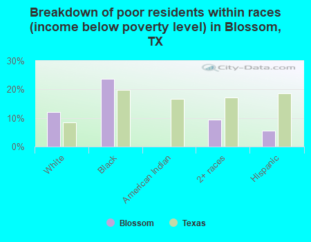 Breakdown of poor residents within races (income below poverty level) in Blossom, TX