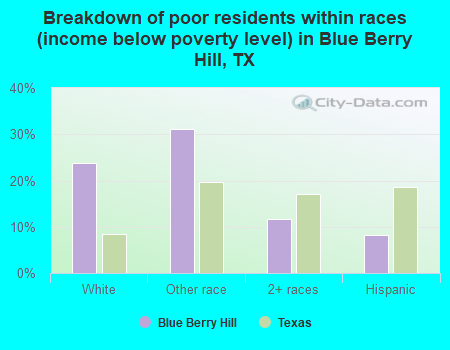 Breakdown of poor residents within races (income below poverty level) in Blue Berry Hill, TX