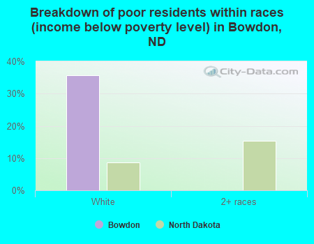 Breakdown of poor residents within races (income below poverty level) in Bowdon, ND