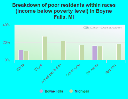 Breakdown of poor residents within races (income below poverty level) in Boyne Falls, MI