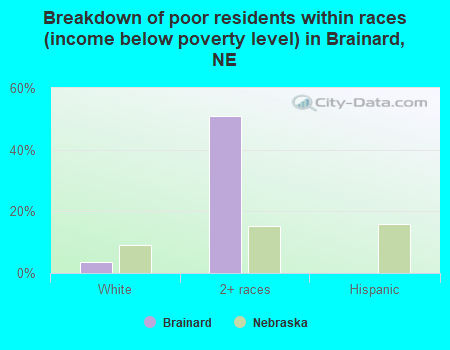 Breakdown of poor residents within races (income below poverty level) in Brainard, NE