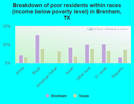 Breakdown of poor residents within races (income below poverty level) in Brenham, TX