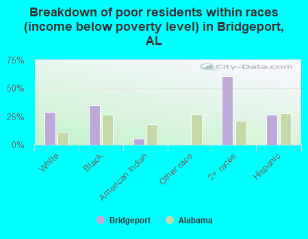 Breakdown of poor residents within races (income below poverty level) in Bridgeport, AL