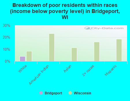 Breakdown of poor residents within races (income below poverty level) in Bridgeport, WI