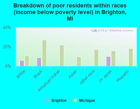 Breakdown of poor residents within races (income below poverty level) in Brighton, MI