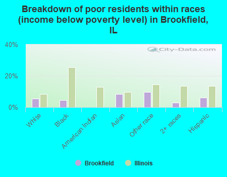 Breakdown of poor residents within races (income below poverty level) in Brookfield, IL