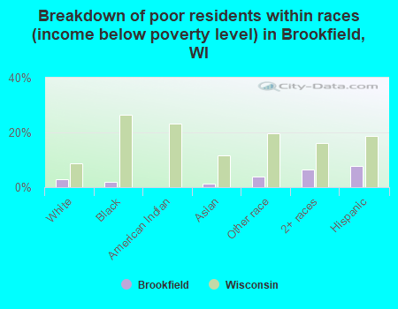 Breakdown of poor residents within races (income below poverty level) in Brookfield, WI