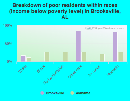 Breakdown of poor residents within races (income below poverty level) in Brooksville, AL