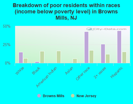 Breakdown of poor residents within races (income below poverty level) in Browns Mills, NJ
