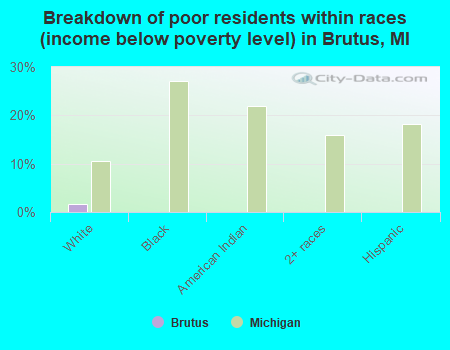 Breakdown of poor residents within races (income below poverty level) in Brutus, MI