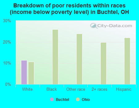 Breakdown of poor residents within races (income below poverty level) in Buchtel, OH