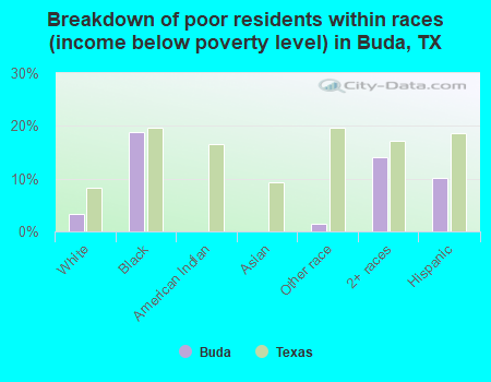 Breakdown of poor residents within races (income below poverty level) in Buda, TX